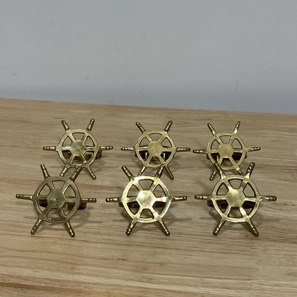 6 Brass Metal Ship Wheel Napkin Rings Nautical Decorative Table Decor Gold Tone